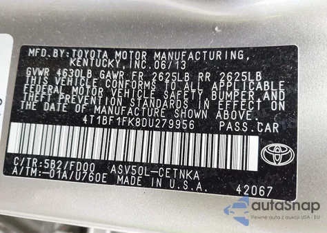 2013 Toyota Camry L/Se/Le/Xle z USA, uszkodzony, nr VIN 4T1BF1FK8DU279956